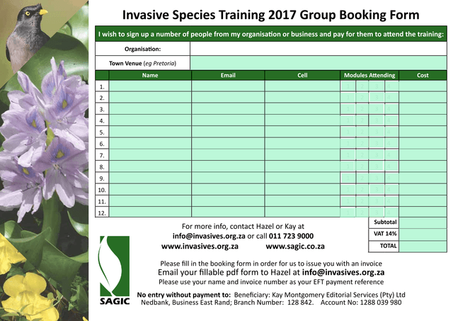 Invasive Species Training 2017 Group Booking Form screenshot