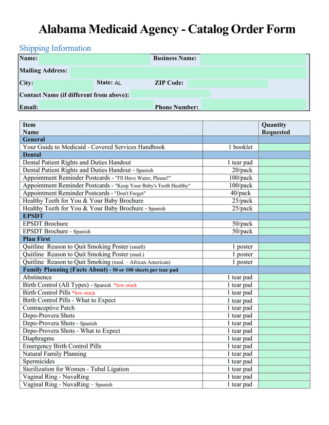 Alabama Medicaid Agency   Catalog Order Form screenshot