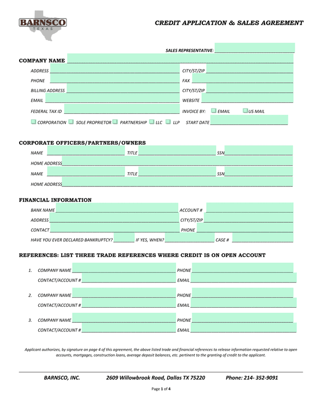CREDIT APPLICATION  SALES AGREEMENT screenshot