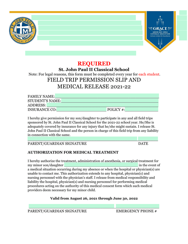 Field Trip Permission Slip And Medical Release 2021 22 screenshot