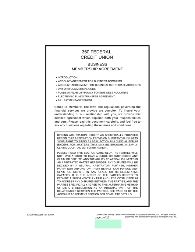 360 FEDERAL CREDIT UNION BUSINESS MEMBERSHIP AGREEMENT screenshot
