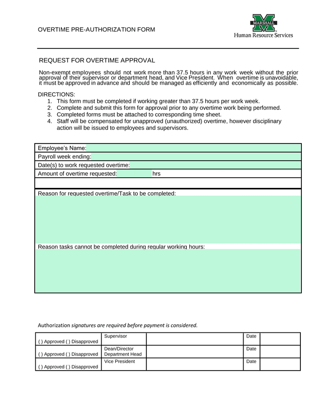 OVERTIME PRE AUTHORIZATION FORM screenshot