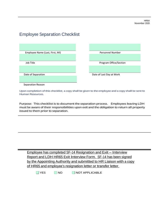 HR64 Employee Separation Checklist screenshot