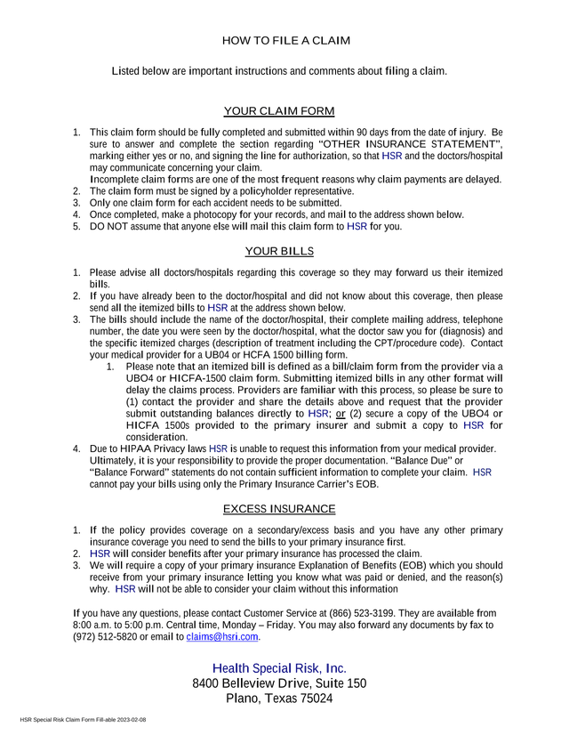 HSR Special Risk Claim Form Fill Able screenshot