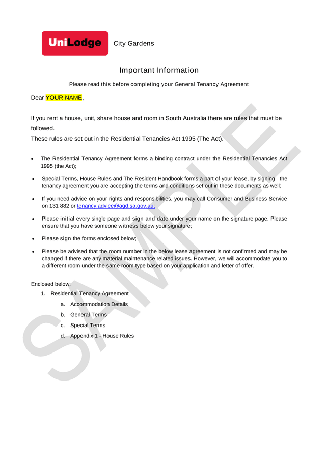 City Gardens Residential Tenancy Agreement screenshot