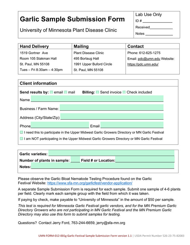 UMN FORM 012 001g Garlic Festival Sample Submission Form screenshot