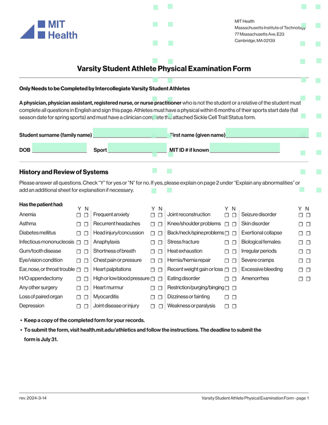 Varsity Student Athlete Physical Examination Form screenshot