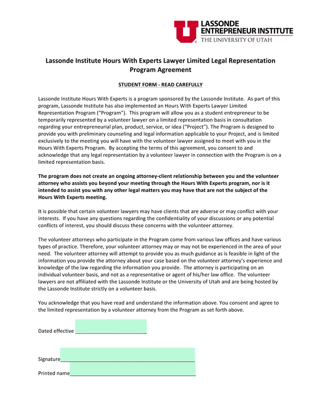Lassonde Institute Hours With Experts Lawyer Limited Legal Representation Program Agreement screenshot