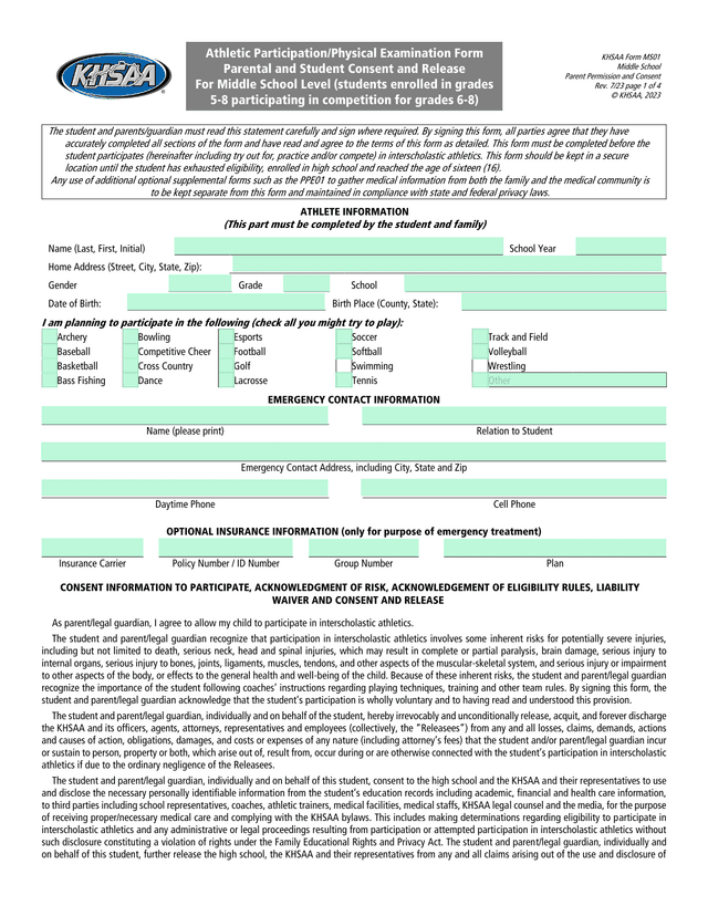 Athletic ParticipationPhysical Examination Form screenshot