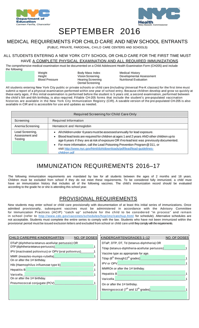 Medical Requirements For Child Care And New School Entrants screenshot