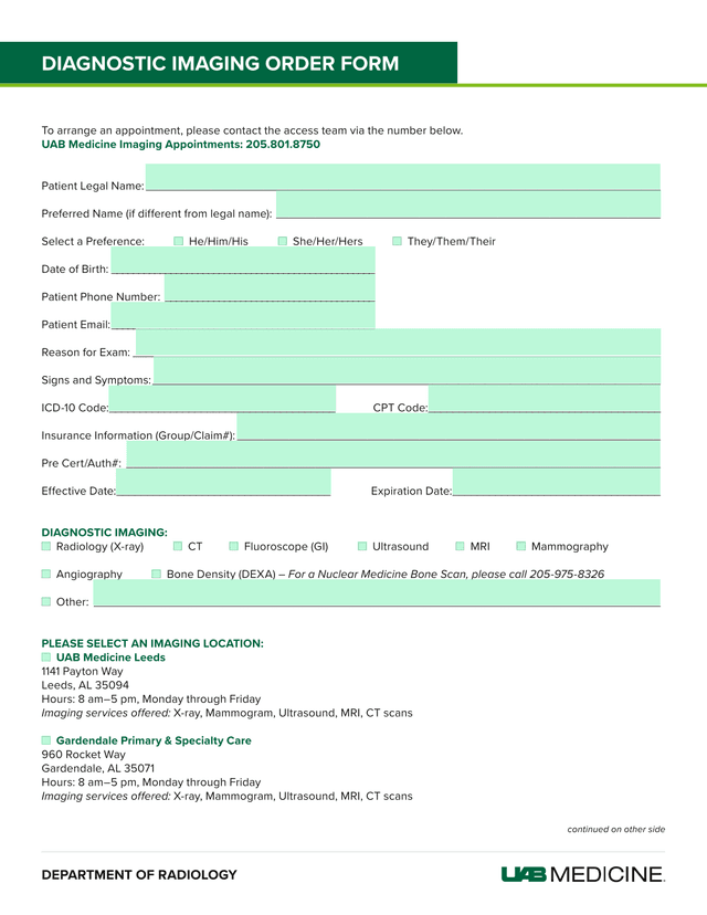 DIAGNOSTIC IMAGING ORDER FORM screenshot