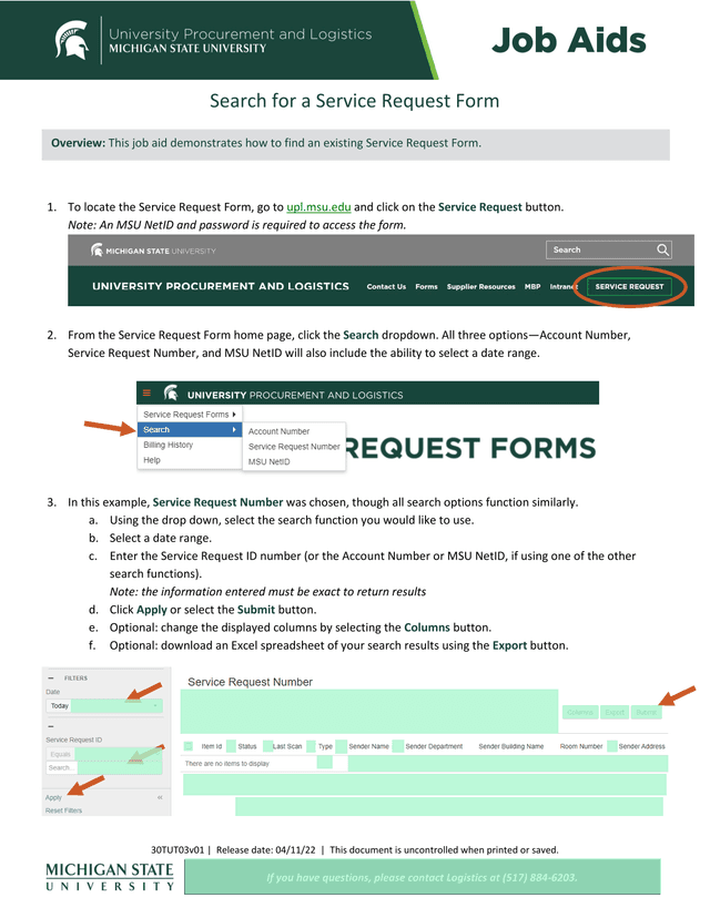 Search For A Service Request Form screenshot