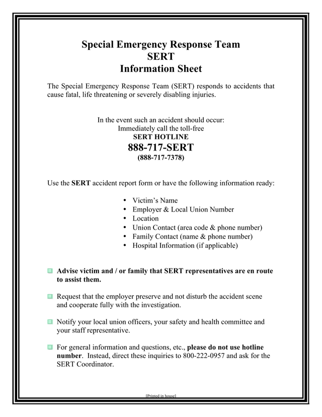 Special Emergency Response Team (SERT) Information Sheet screenshot