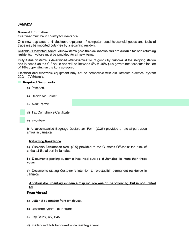 Jamaica Customs And Immigration Entry Guidelines screenshot