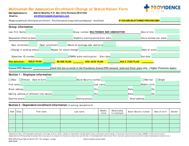 Multnomah Bar Association EnrollmentChange Of StatusWaiver Form screenshot
