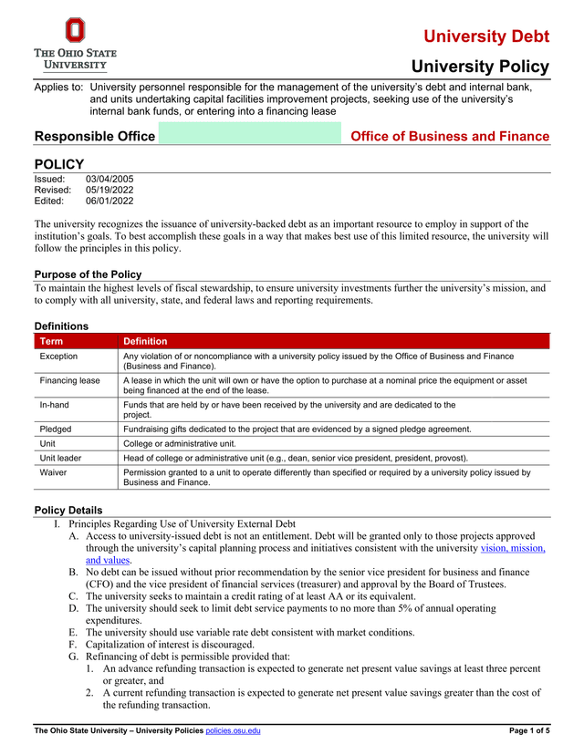 University Debt Policy screenshot