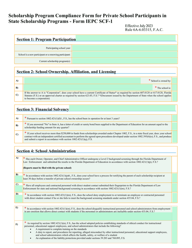 Scholarship Program Compliance Form For Private School Participants In State Scholarship Programs    screenshot
