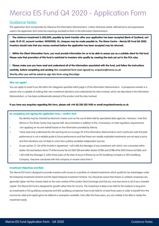 Mercia EIS Fund Q4 2020 Application Form screenshot