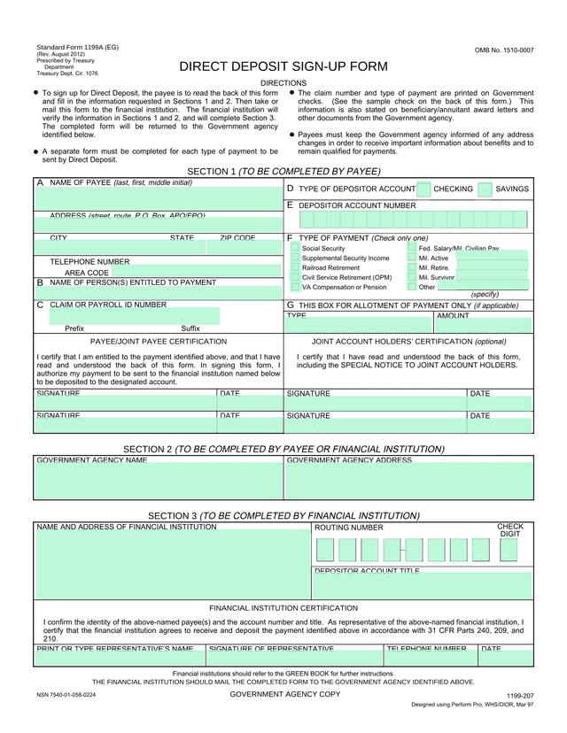 Standard Form 1199A Direct Deposit Sign Up Form screenshot