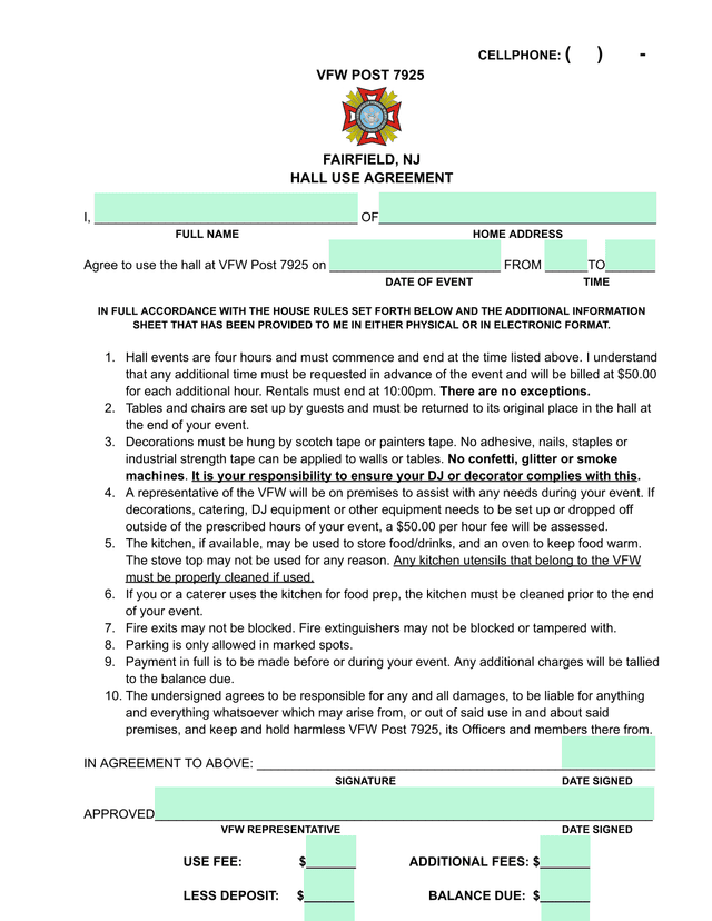 VFW Post 7925 Hall Use Agreement screenshot