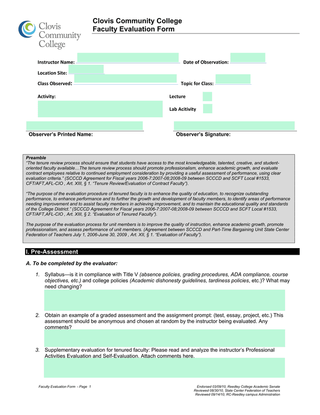 Faculty Evaluation Form screenshot