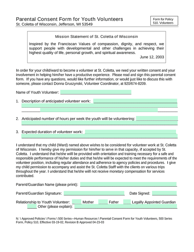 Parental Consent Form For Youth Volunteers screenshot