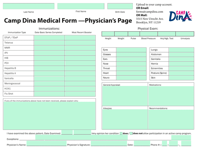 Camp Dina Medical Form PhysicianS Page screenshot