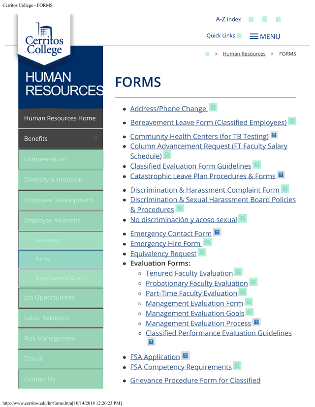 Cerritos College   FORMS screenshot