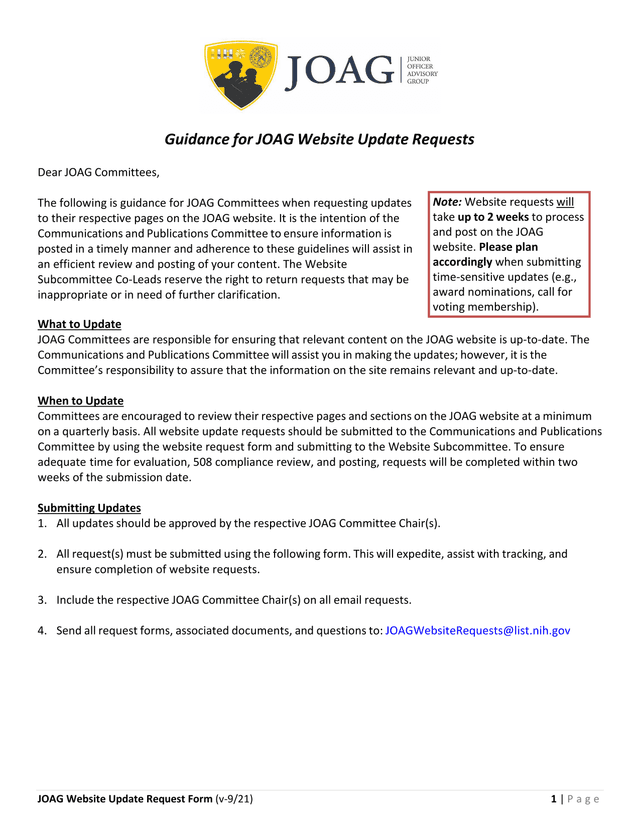 JOAG Website Update Request Form screenshot