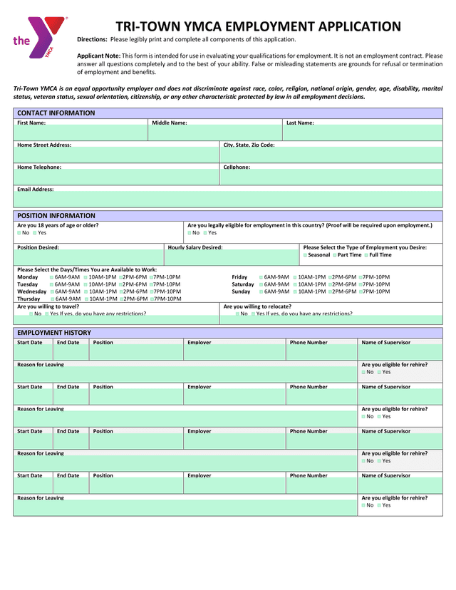 TRI TOWN YMCA EMPLOYMENT APPLICATION screenshot