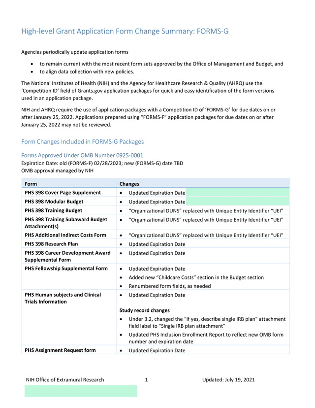 High Level Grant Application Form Change Summary FORMS G screenshot