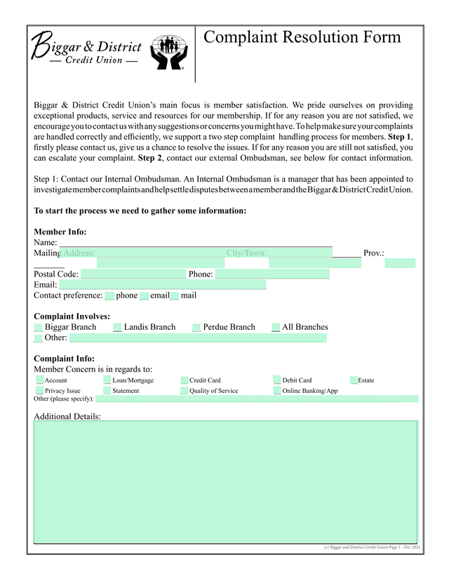 Complaint Resolution Form screenshot