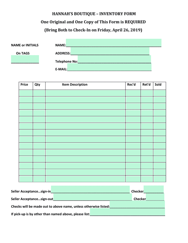 HANNAHS BOUTIQUE  INVENTORY FORM screenshot