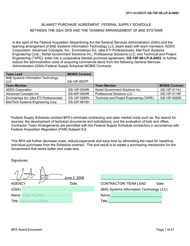 Blanket Purchase Agreement (BPA) GS 10F 06 LP A 0003 screenshot