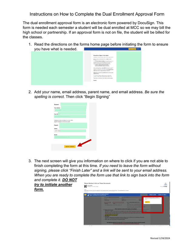 Dual Enrollment Approval Form Instructions screenshot