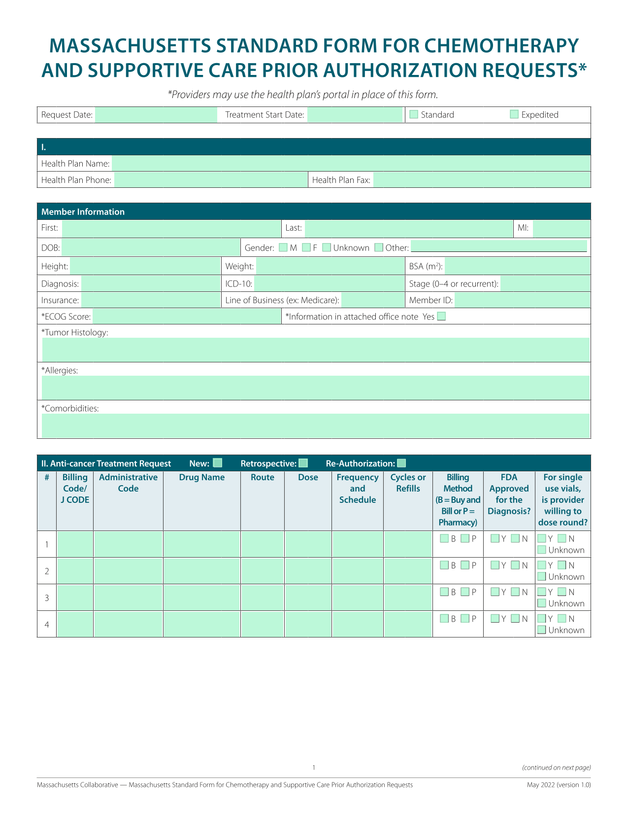 Massachusetts Standard Form For Chemotherapy And Supportive Care Prior Authorization Requests screenshot