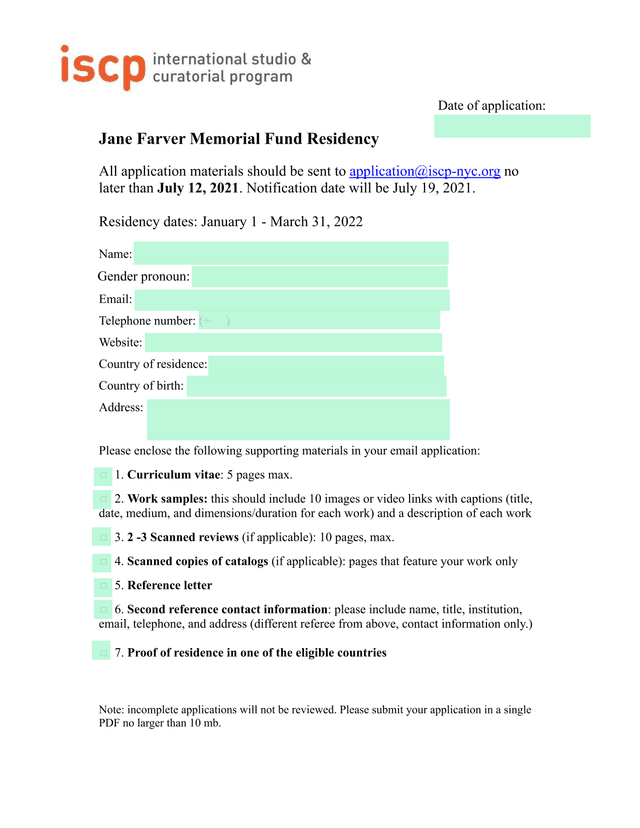 Jane Farver Memorial Fund Residency Application screenshot