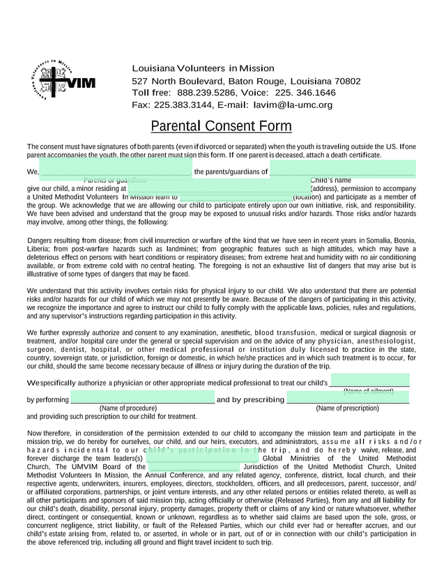 Parental Consent Form screenshot
