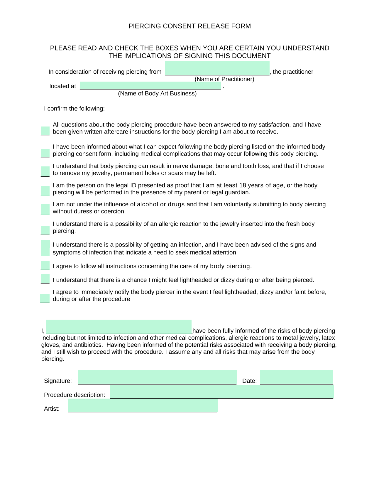 Piercing Consent Release Form screenshot