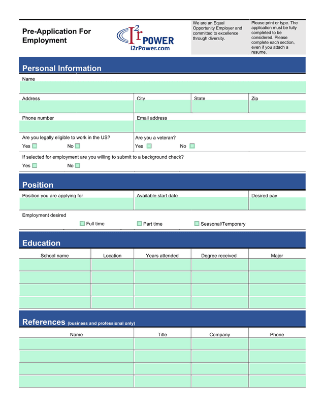 Pre Application For Employment screenshot
