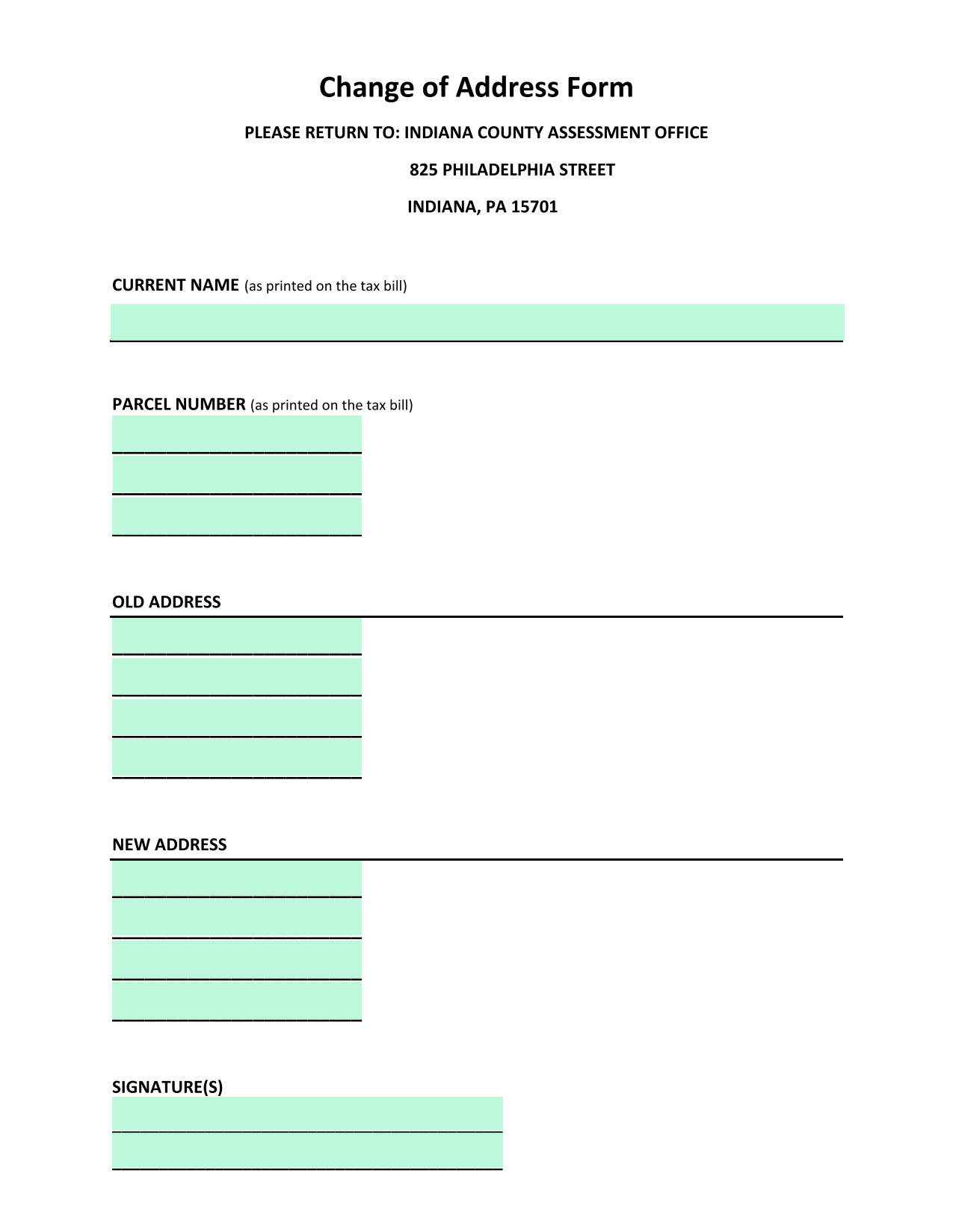 Change Of Address Form screenshot