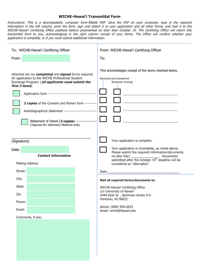 WICHE HawaiI Transmittal Form screenshot