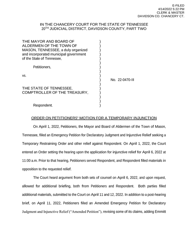 Order On Petitioners Motion For A Temporary Injunction screenshot