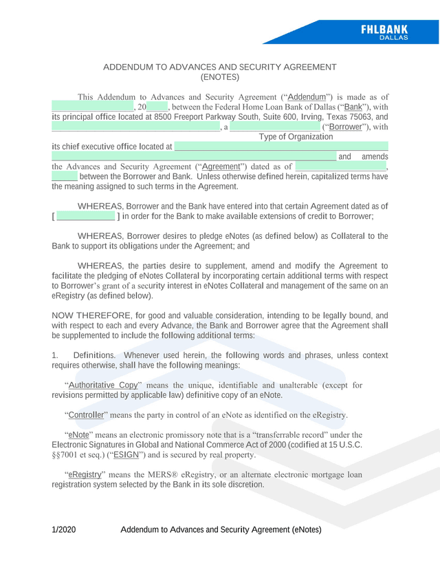 Addendum To Advances And Security Agreement (ENotes) screenshot