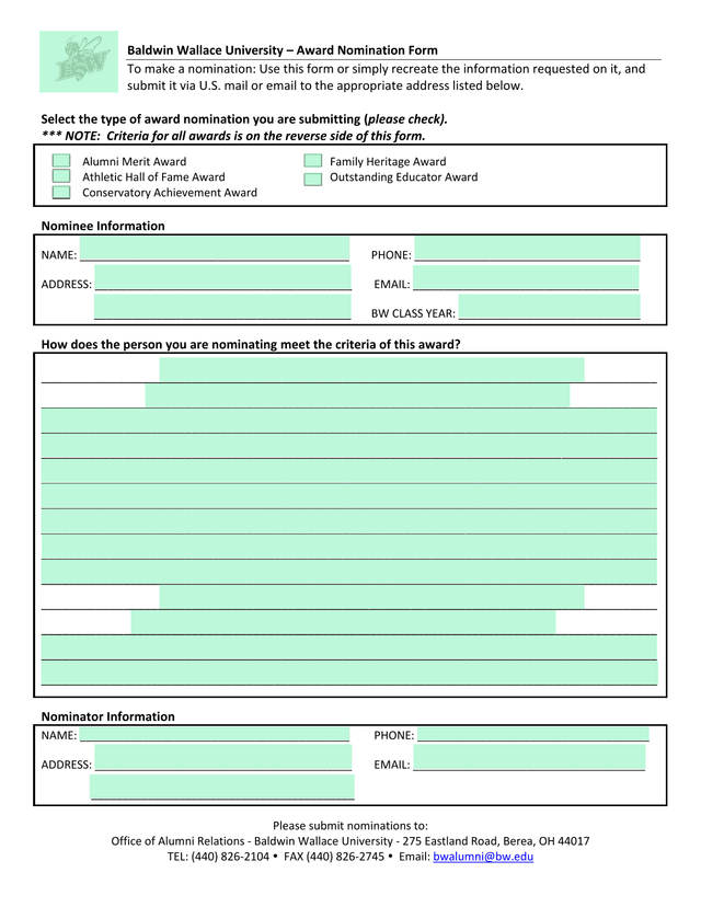 Baldwin Wallace University  Award Nomination Form screenshot