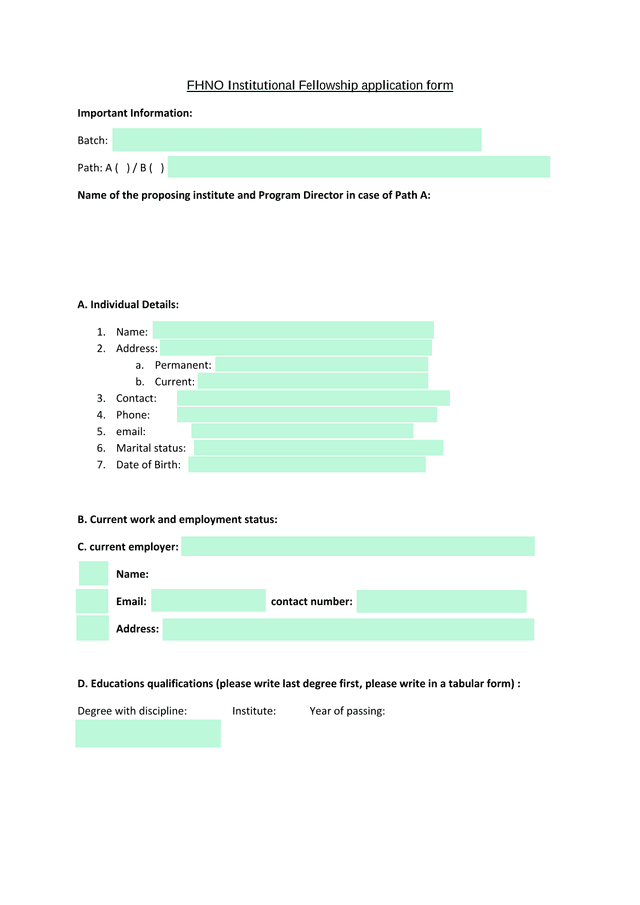 FHNO Institutional Fellowship Application Form screenshot