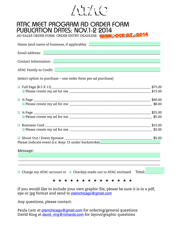 ATAC MEET PROGRAM AD ORDER FORM screenshot