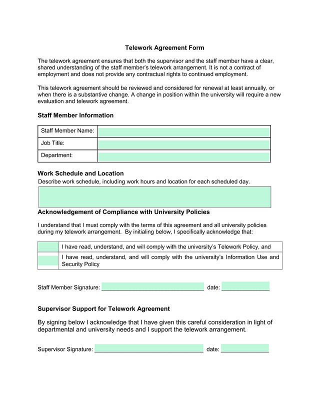 Telework Agreement Form screenshot
