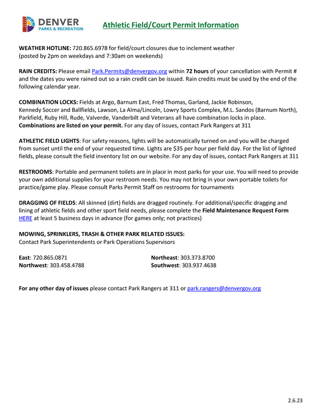 Athletic FieldCourt Permit Information screenshot