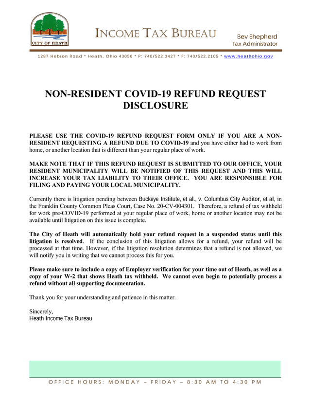 NON RESIDENT COVID 19 REFUND REQUEST DISCLOSURE screenshot